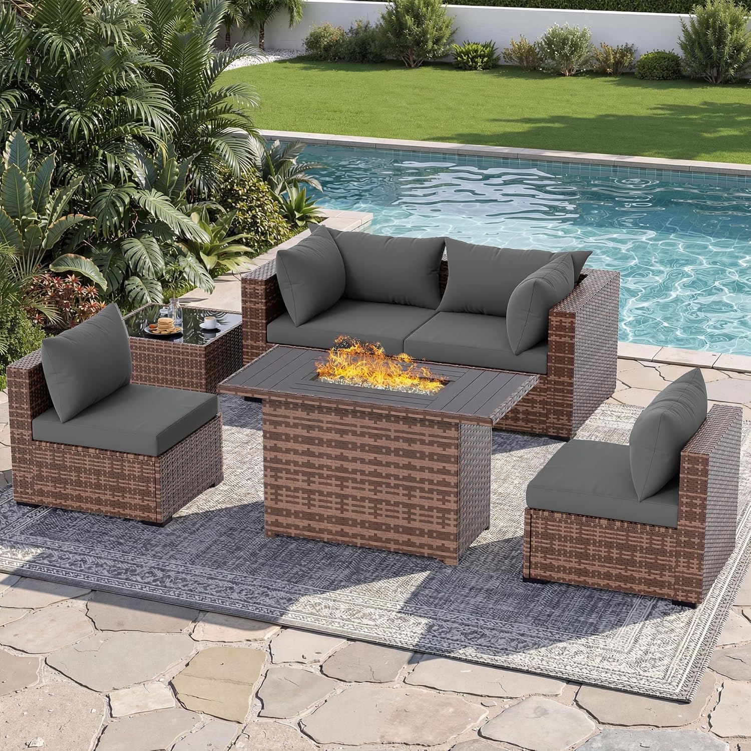 Outdoor Furniture Fire Pit Set - طقم أريكة خارجية من 5 قطع