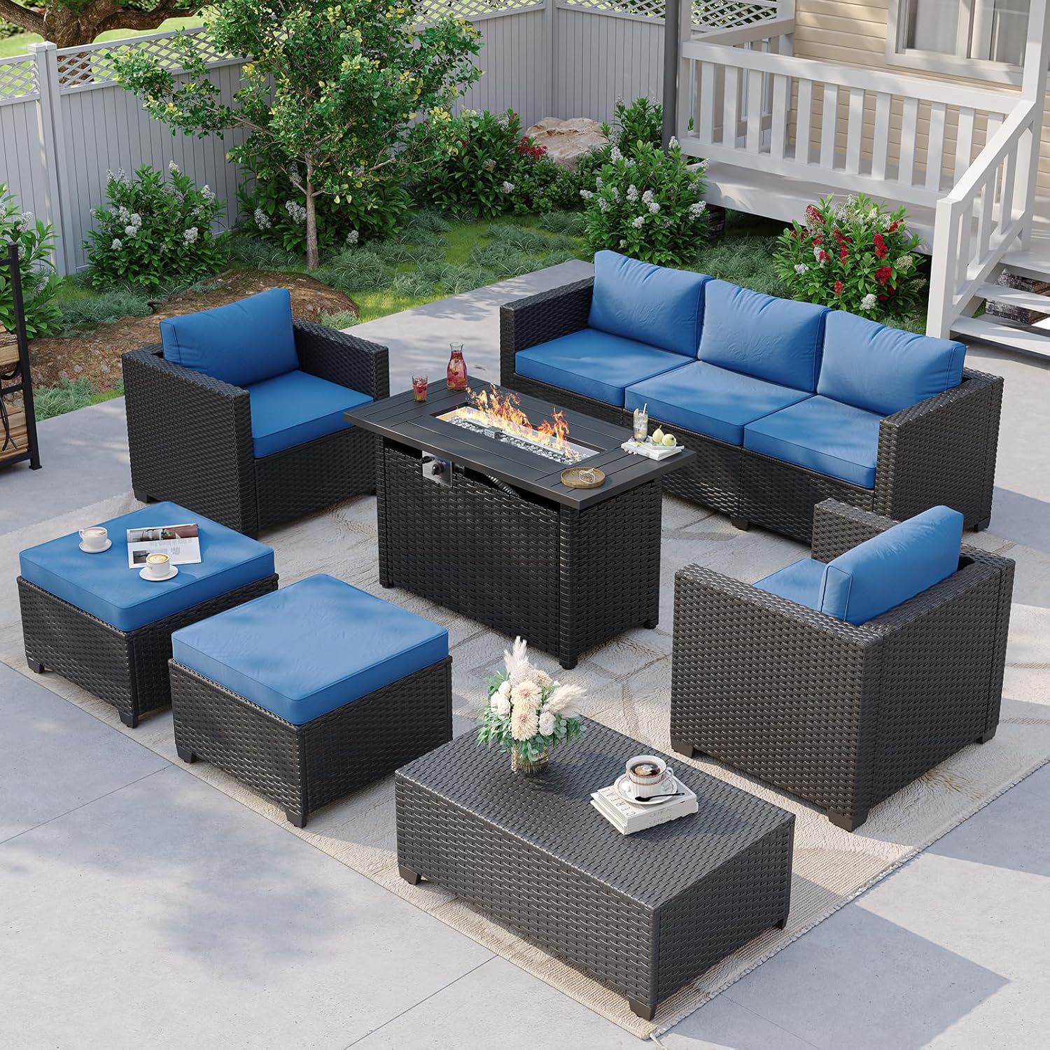 Outdoor Furniture Fire Pit Set - أريكة خارجية زرقاء داكنة مع طاولة